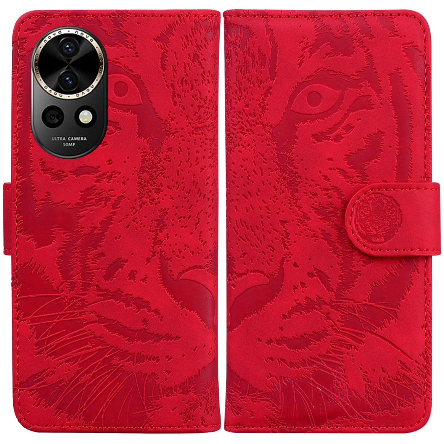 

For Huawei nova 12 5G Case Anti-Fall Tiger Imprint PU Leather Phone Cover Red