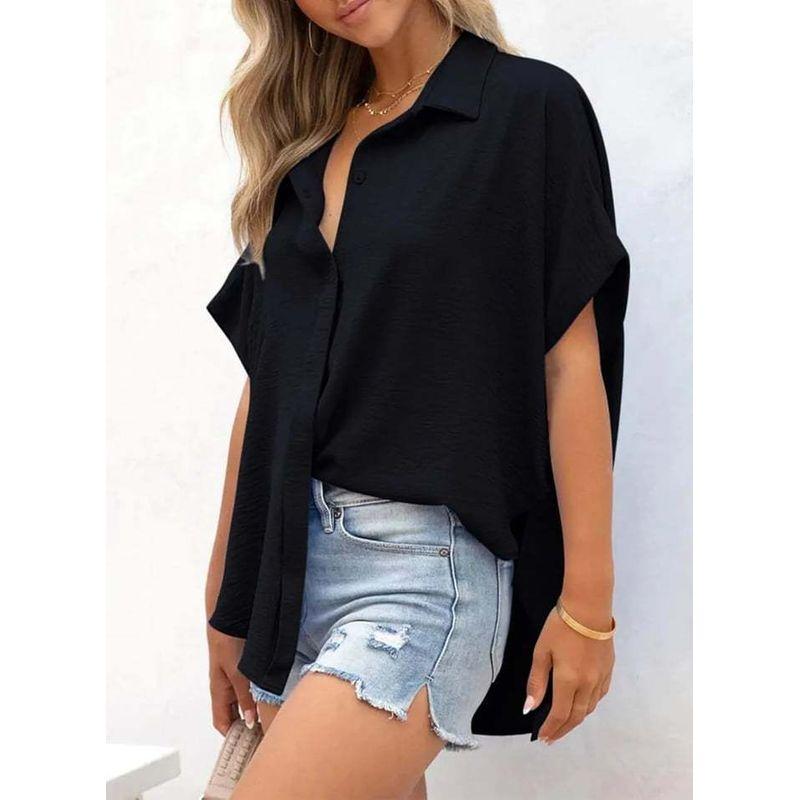 Western Style New Fashion Casual Loose Short Sleeve Lapel Shirts Top Solid Color Shirt Top