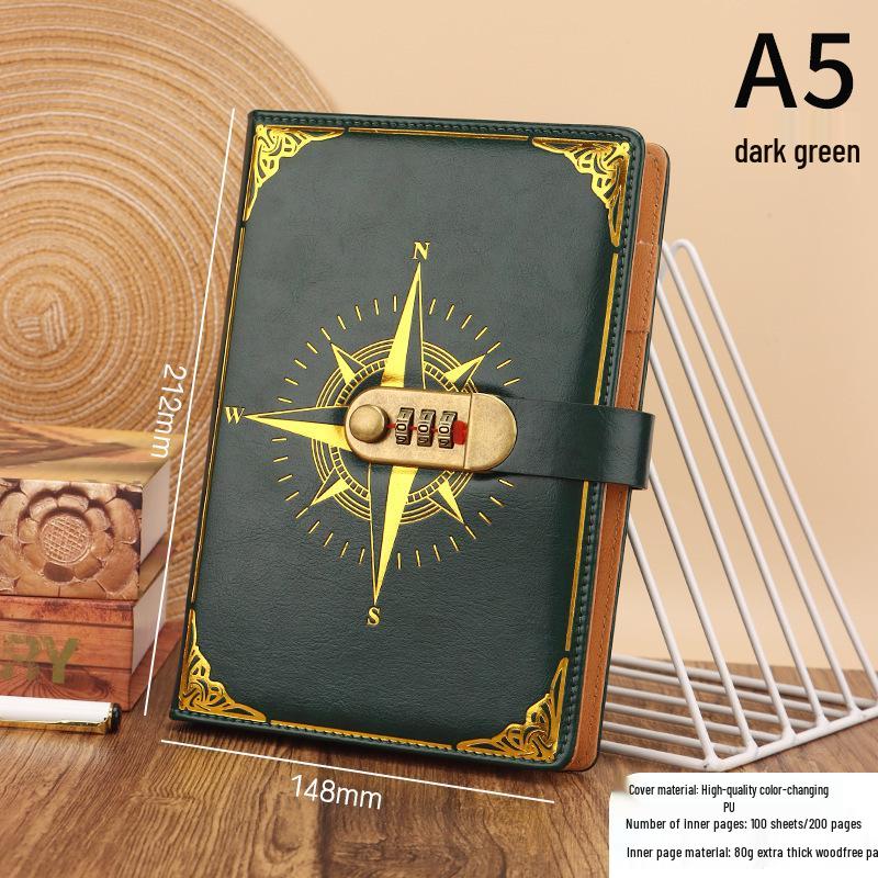 A5 Vintage Lockable Password Notebook - Thick Student Writing Diary
