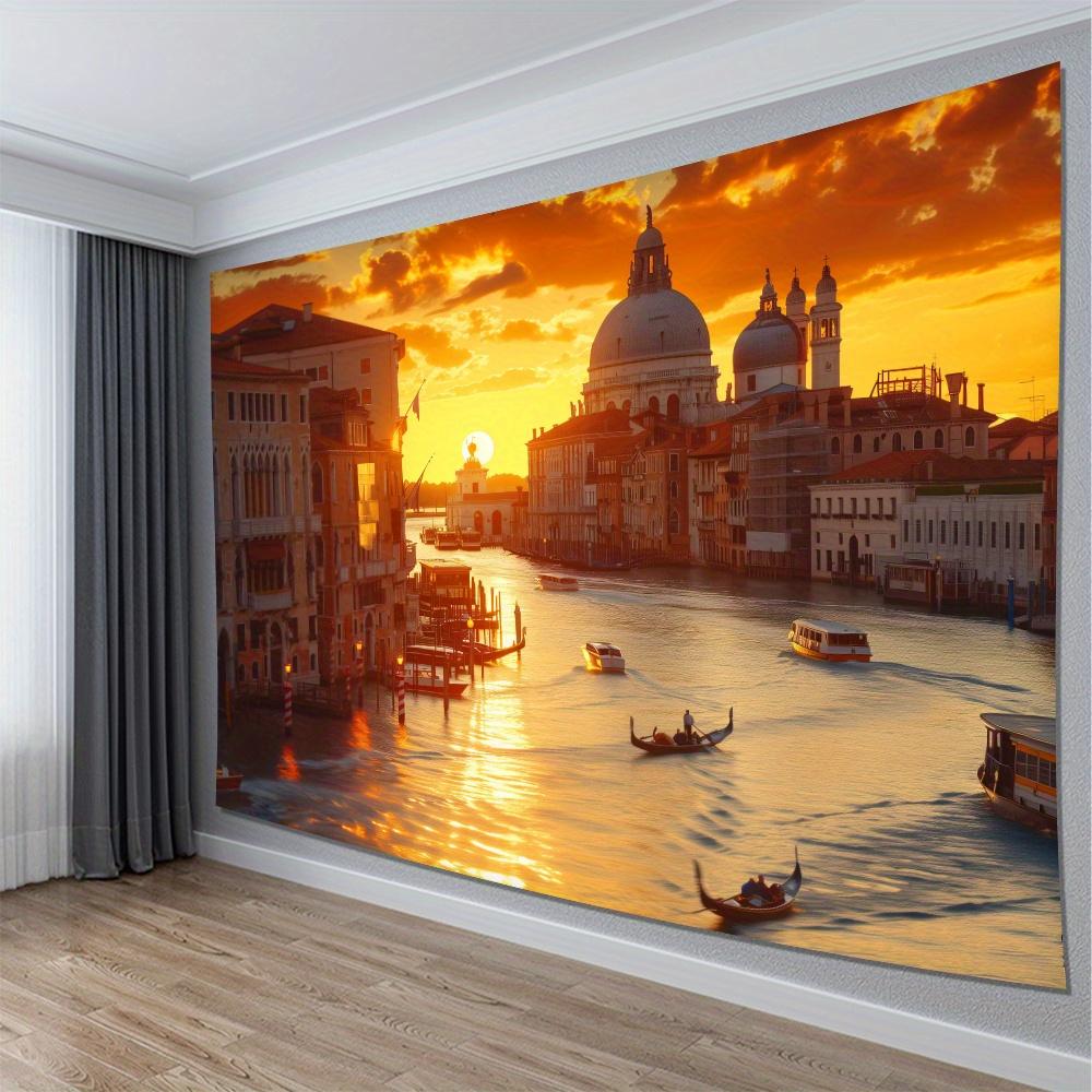 Golden Venice Landscape Tapestry, Canal Gondola Sunset European Architecture Wall Cloth, Soft Backdrop For Bedroom Home Space