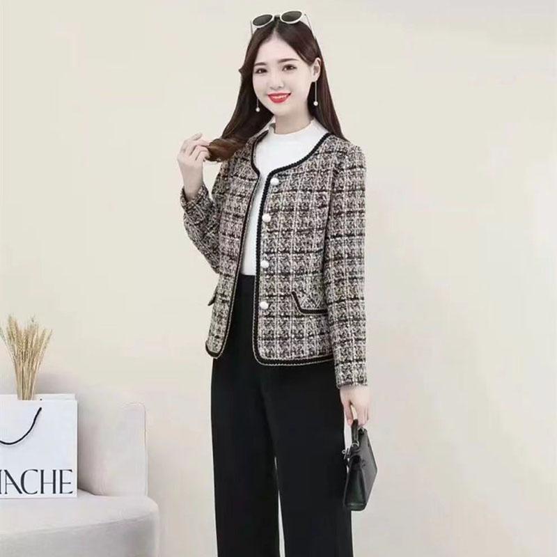 Jarní a podzimní móda pro ženy středního věku, krátký kabát ve stylu malé vůně, houndstooth, pro matku, kulatý výstřih, kardigan, top