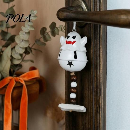 Retro Wooden Bead Decor Halloween Ghost Bell Hanging Decor, Cute Resin Door Ornament with Star Base, Funny Decorations Spooky Festive Hanger for Home