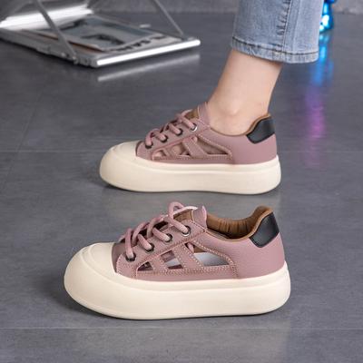 2025 Summer New Muffin Sole White Shoes Student Big Head Casual Shoes Round Head Hollow Hole Shoes Women TMY603