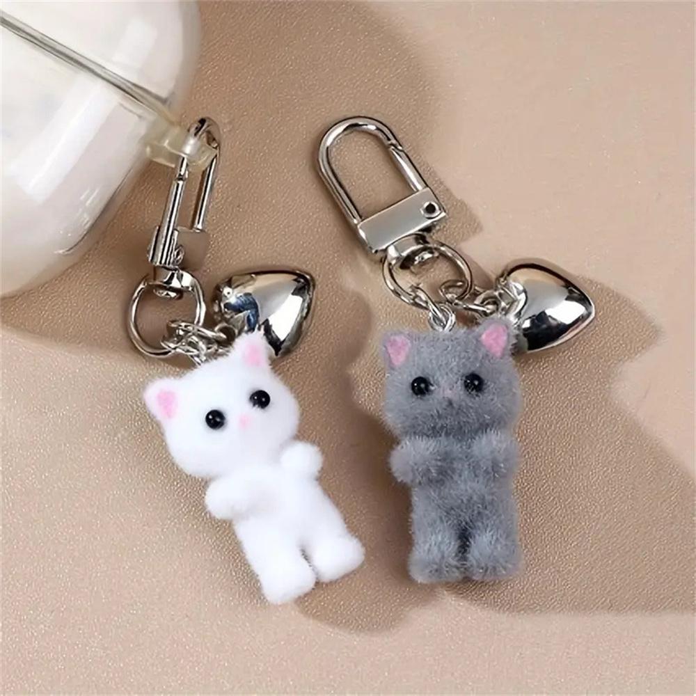 1pcs Sweet 3D Flocking Kitten Keychain Cat Couple Mobile Phone Pendant Car Keyring Earphone Backpack Charms Bag Decor