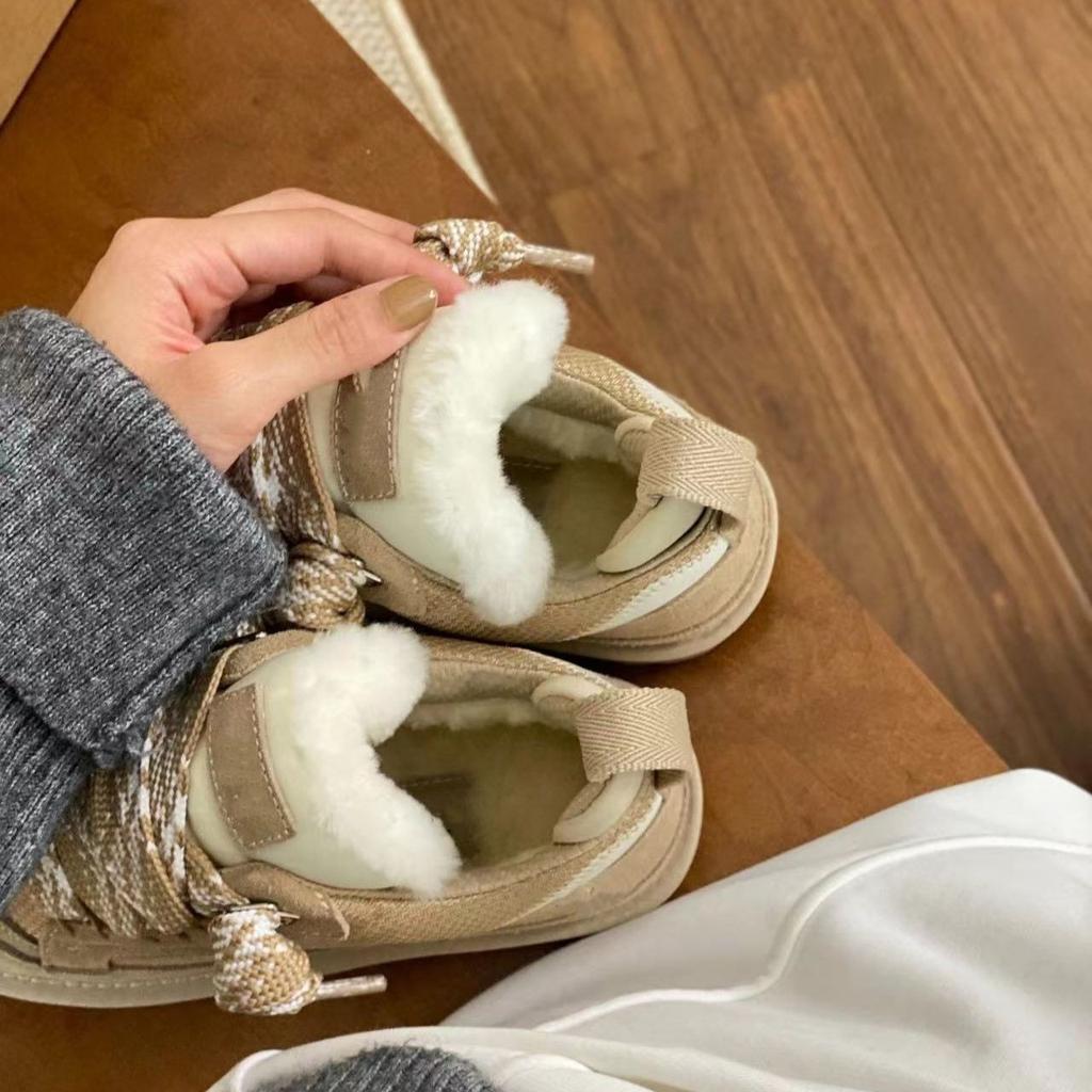 Winter Neue Schneestiefel Damen Mode Runde Spitze Wildleder Farbkombination Vorne Schnürung Anti-Rutsch Abriebfest Kurzstiefel