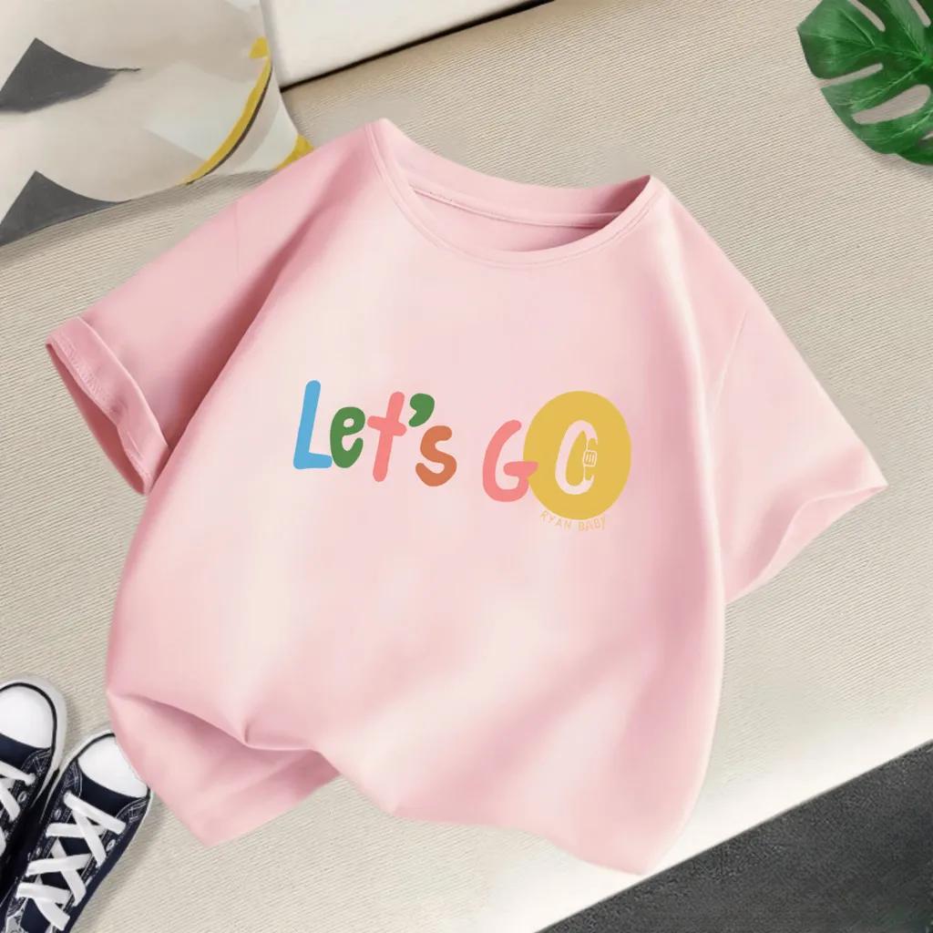 Lovely Kids T Shirt Multicolored Lets Go Text With Stamp Pattern Graphic Short Sleeve Outdoor Daily Outfit Shirts