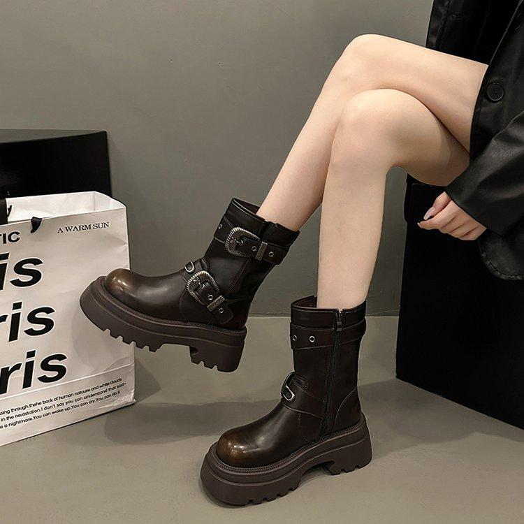 Women's Thick Sole Ankle Boots Autumn Winter New Mid Calf Motorcycle Boots