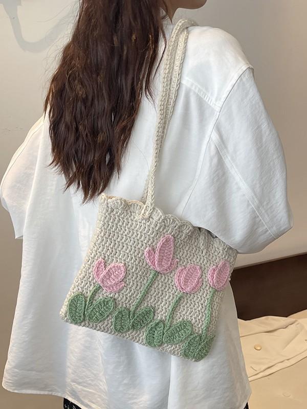 No Brand Handmade Knitted Tote Bag With Woven Pattern For Casual Daily Use