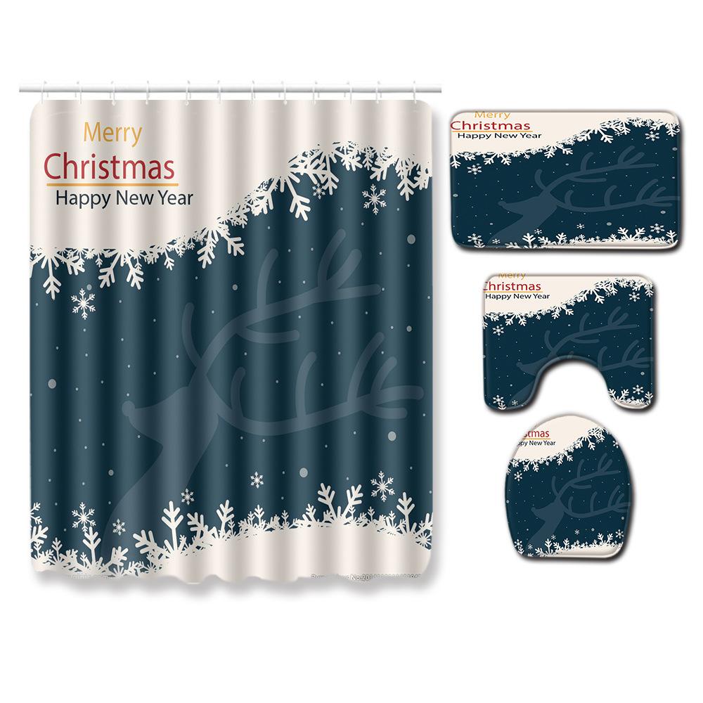 Christmas Shower Curtain Floor Mat Combination Four-Piece Set Bathroom Toilet Carpet Shower Room Mat Foot Mat