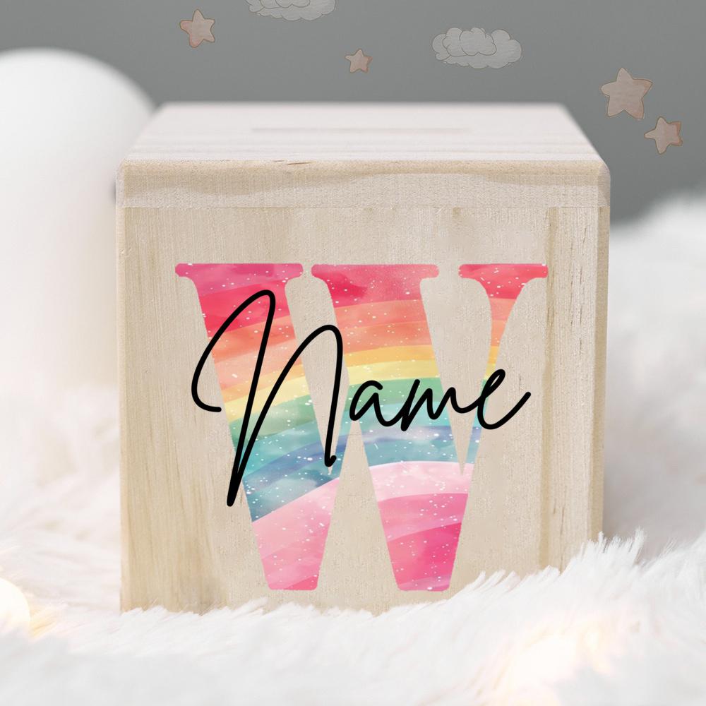 Personalized Money Box Kids Money Boxes Rainbow Letter with Name Coin Collection Box Wooded Coin Bank Child Birthday Shower Gift