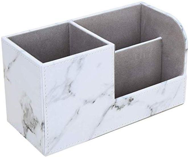 KINGFOM PU Leather Desk Stationery Organizer with Storage and Remote Control Holder Gray Marble Box, Pen/Pencil Stand, (Small, Pattern)