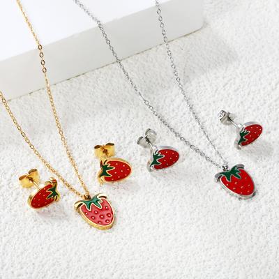 Sweet Strawberry Fruit Drip Oil Necklace Earrings Jewelry Set Cute Gift For Women Girls