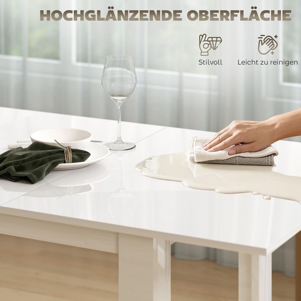 Extendable Dining Table, 120-160 x 70 cm, Adjustable Kitchen Table for 4-6 People, MDF, High-Gloss White
