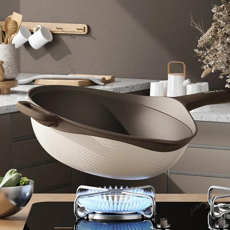 Frigideira de argila natural, antiaderente, doméstica, sem fumaça, duas cores, fogão de indução, fogão a gás aplicável