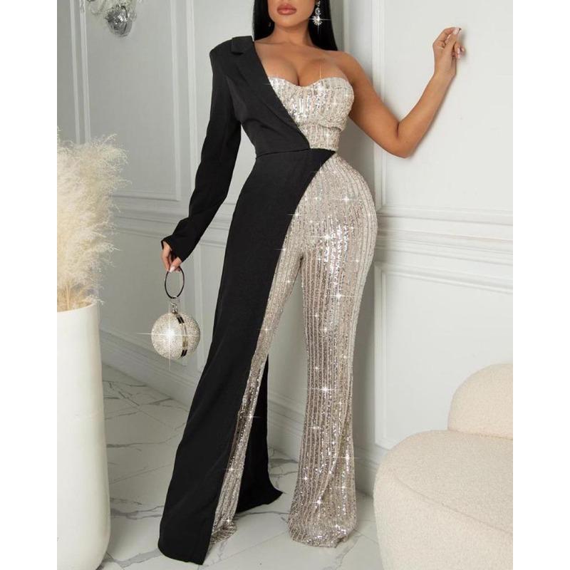 2 New e-commerce women s clothing silver splicing sequined shoulder fashion sequined jumpsuit S чёрный
