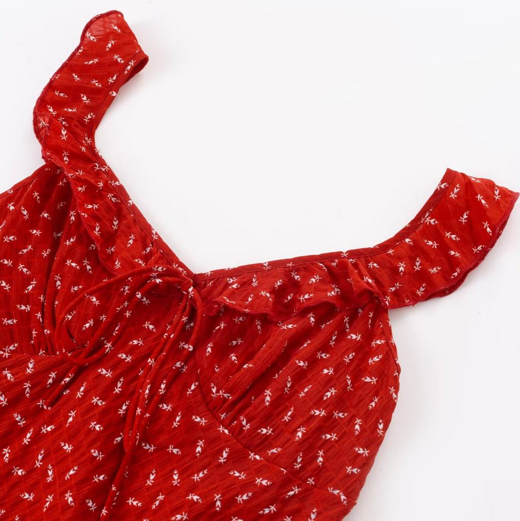 Pure Desire Style Retro Red Straps Suspender Floral Dress Women's Waist Temperament Gentle Vacation Style Long Dress Summer