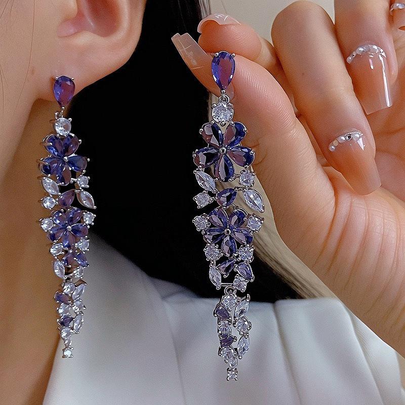 French Court Style Purple Zircon Geometric Flower Earrings for Women - Luxurious, Trendy, Exquisite Stud Jewelry