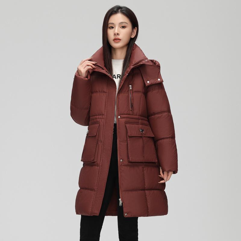 Hooded 2025 cotton jacket women's mid-length fashion tunic temperament padded clothes with large pockets mid-length padded jacket jacket