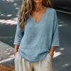 Women's Relaxed Fit V Neck Linen Cotton Three Quarter Sleeve Casual Blouse Top for Everyday Wear and Comfort