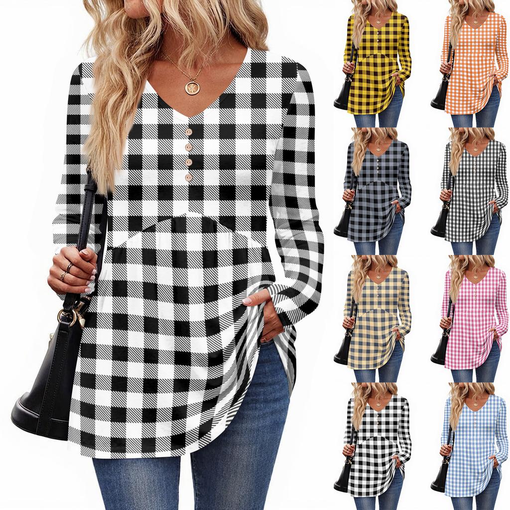 Women's Casual Fashion V-Neck Button Plaid Long Sleeve Top