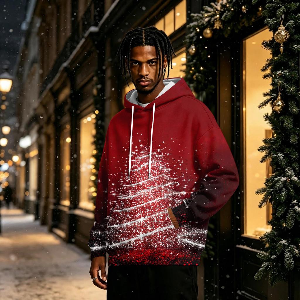Men's Christmas Print Lined Pullover Hoodie Long Sleeve Sweatshirt