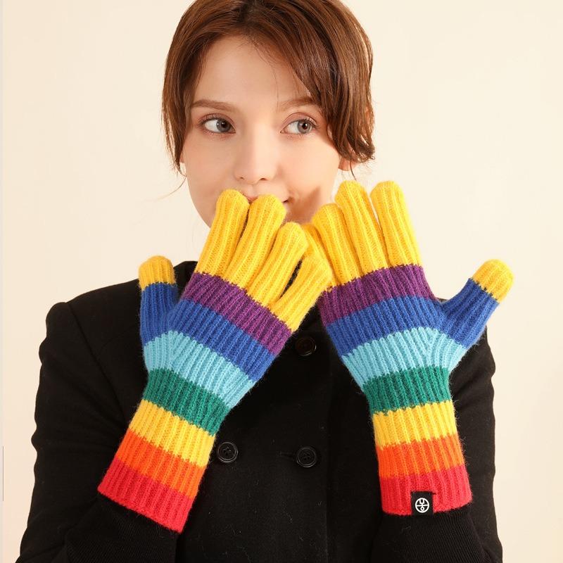 Hiver nouveau gants tricotés à rayures arc-en-ciel chauds gants pour femmes cyclisme coupe-froid gants en laine