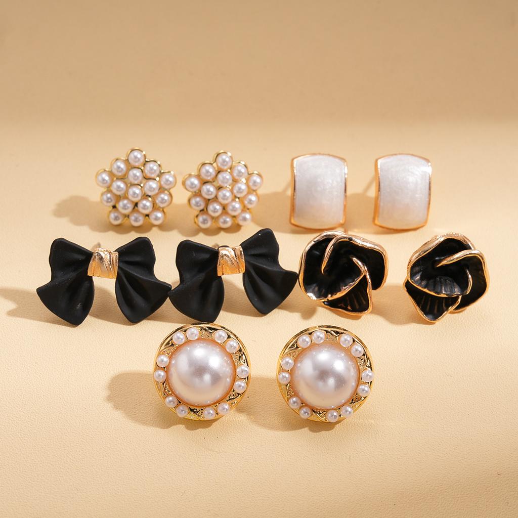 Ten-piece Set of Oil Drop Pearl Bow Flower Square Silver Needle Stud Earrings Retro Simple Earrings