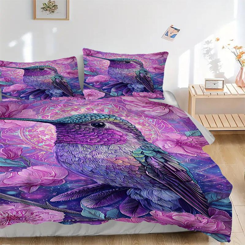 3pc Hummingbird Flowers Cover Set - 1 Quilt Cover + 2 Pillowcases, All Seasons Bedroom Setting, Perfect for Home018