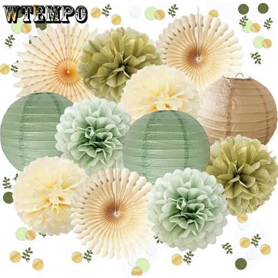 15 Stück Partydekorationen Salbei Gold Creme Seidenpapier Pompons Papierlaternen Salbeigrün Konfetti Punkte Streudekoration Tischdekoration für Partydekorationen
