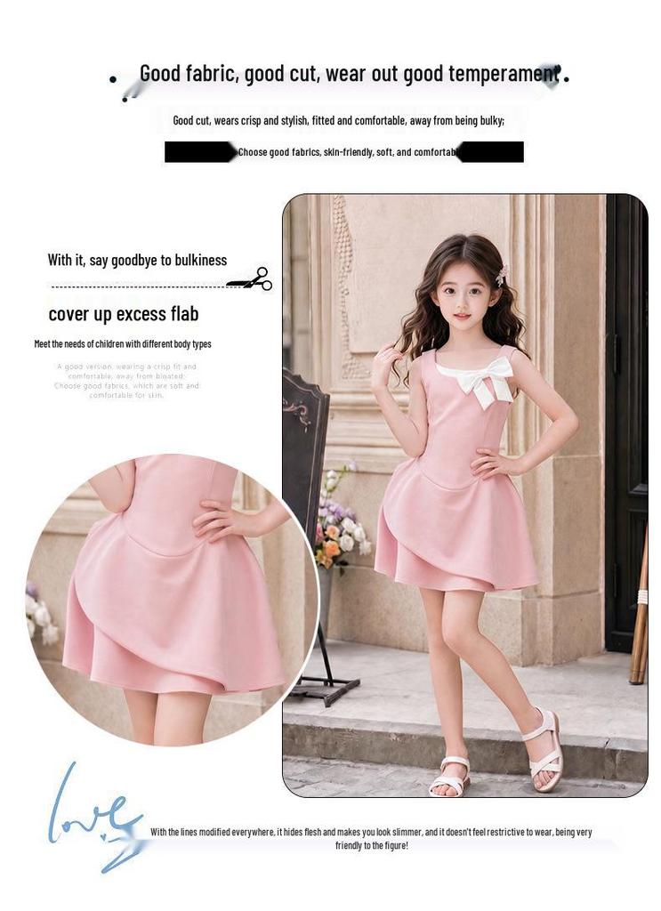 Girls' 2026 Summer Bow Dress: Sleeveless, Fashionable, Elegant Skirt
