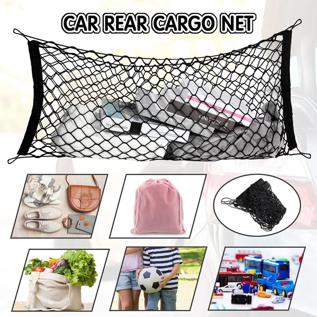 Tallew Cargo Net 3 Pocket Trunk Organizer Stretchable Trunk Mesh Cargo Net with Hooks Screws Buttonholes Black Mesh Trunk Grocery Storage Bag for