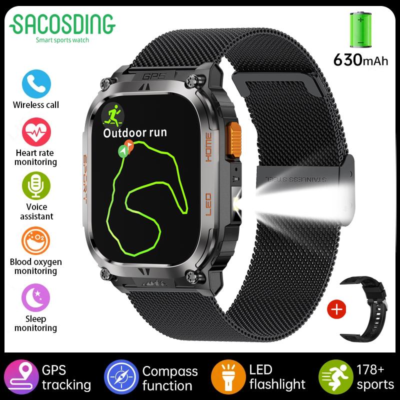 SACOSDING GPS Tracker Smart Watch IP68 Waterproof 2.01-inch HD Display Compass 630mAh Battery Heart Rate BT Call Outdoor Sport Smart Watch