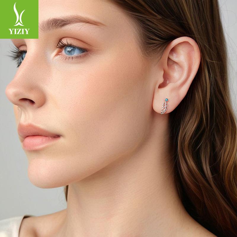 Elegant Retro Turquoise Feather Stud Earrings For Women, Charm Temperament S925 Sterling Silver Wing Earrings