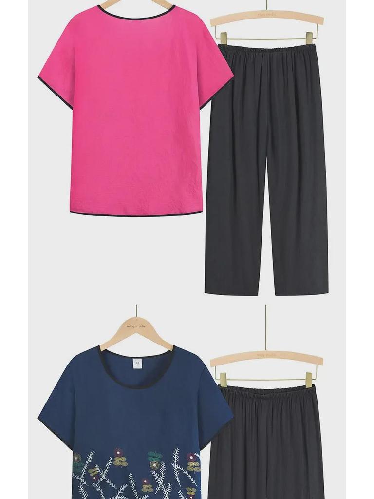 Seturi de vară din bumbac și in, din două piese, pentru femei cu vârsta între 60-70 de ani - Mânecă scurtă