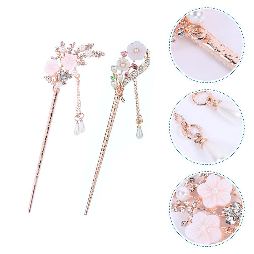 2 Pcs Rhinestone Pearl Flower Hair Stick Chinese Hair Chopsticks Vintage Tassel Hair Pin Chignon Pin Hair Styling Making Accessories for Women
