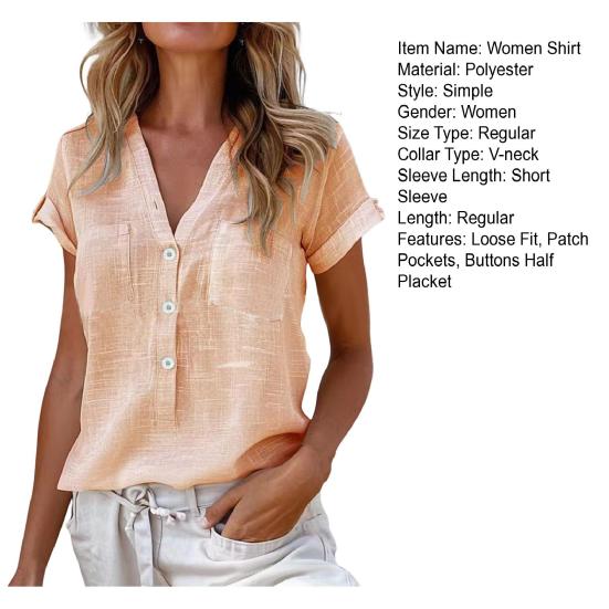 Women Shirt V-Neck Buttons Half Placket Short Sleeve Shirt Tops Solid Color Patch Pockets Loose Fit Summer Casual Shirt