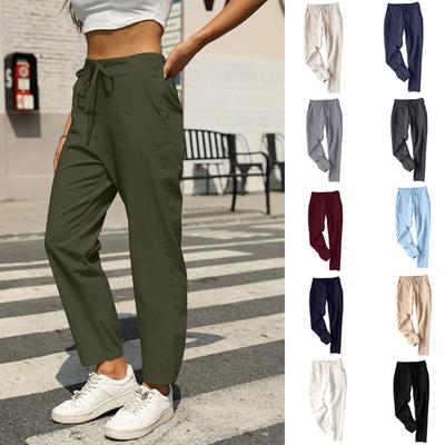 Casual Solid Color Cotton Linen Small Leg Drawstring Elastic Long Pants for Women Trousers Women’s