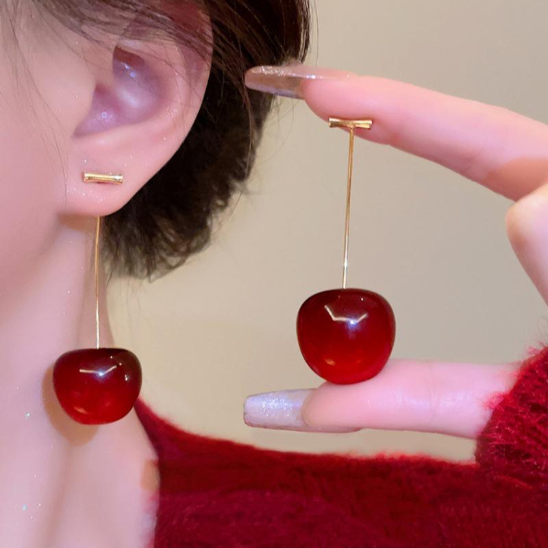 High-End Red Cherry Earrings for Women – Cute Long Ear Ornaments, Perfect for Summer