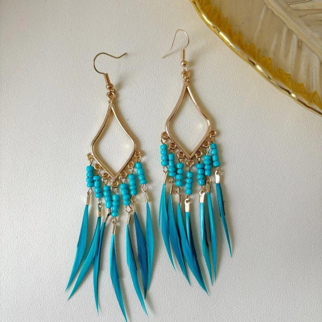 Vintage Bohemian Feather Tassel Earrings Exaggerated Ethnic Vacation Dangle Ear Jewelry Fashion Accessories For Women