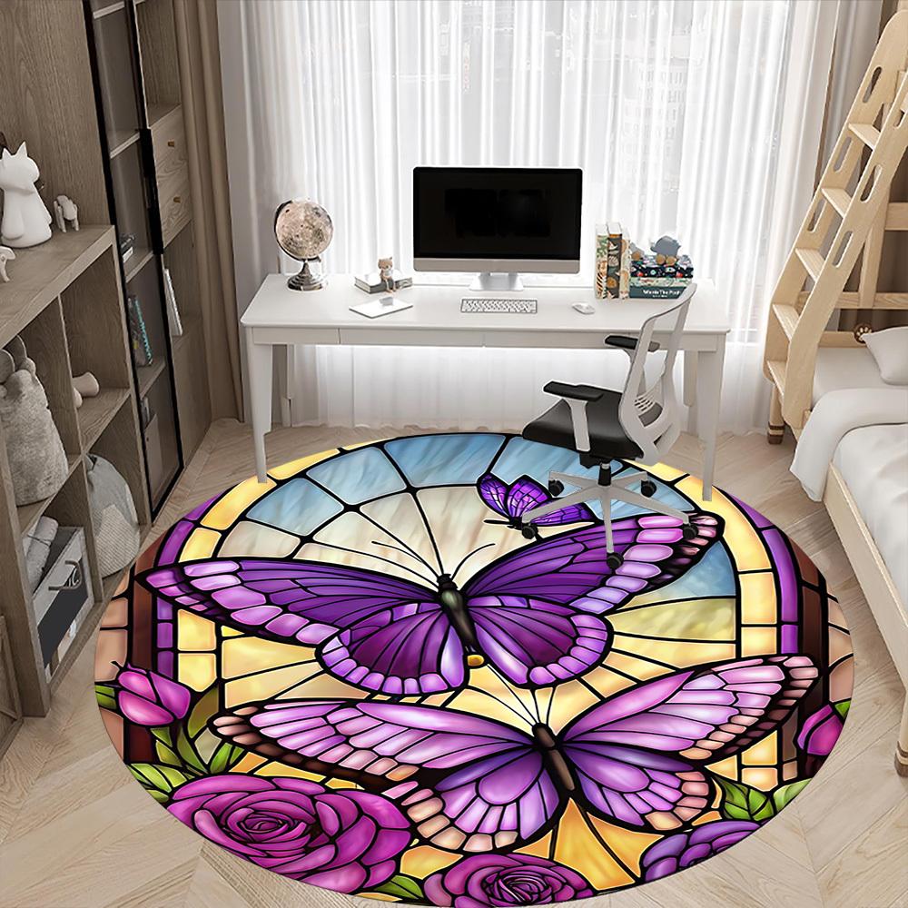 1pc Butterfly StainedGlass Office Round Area Rug, Under Office Chairs Bedroom Living Room Home Decor, Room Deco