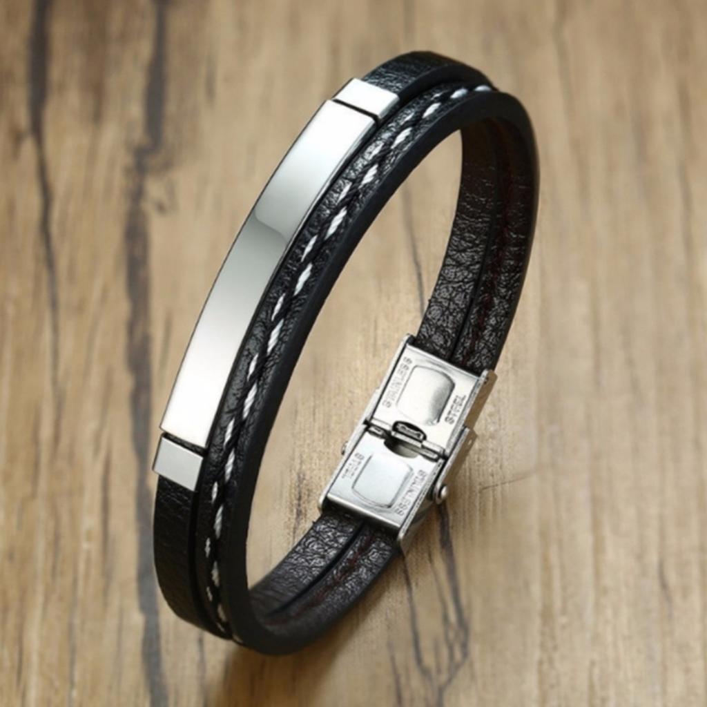 New Trendy Men Leatherwear Weave Bracelet Leisure Color Contrast Stainless Steel Bangle Men's Party Birthday Gift