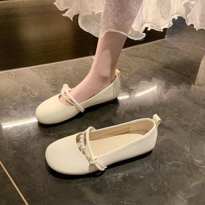 Women's Mary Jane Flats with Pearl Strap Comfortable Round-Toe Casual Shoes