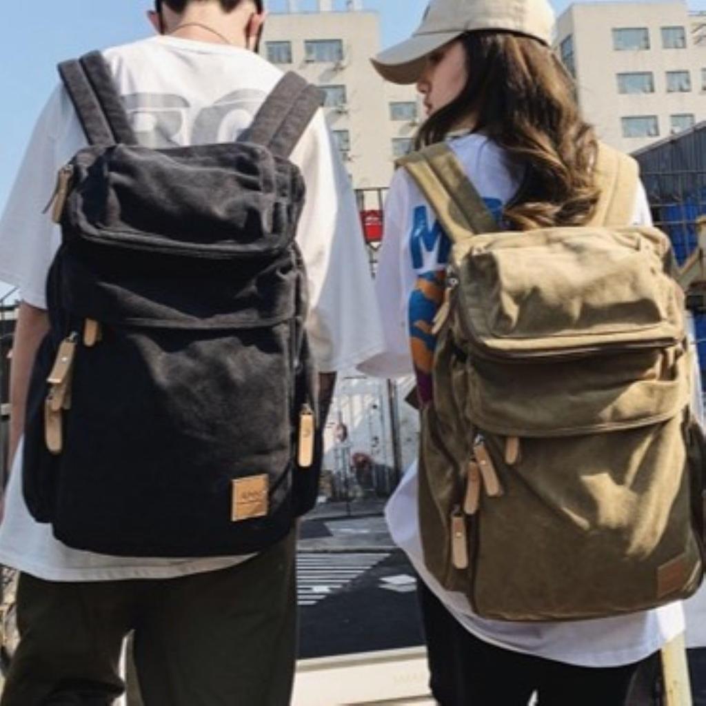 Canvas and Genuine Leather and Unisex Plain Backpack Canvas Simple Military Outdoor Travel Business Trip Rucksack Outdoor Sports College Students High