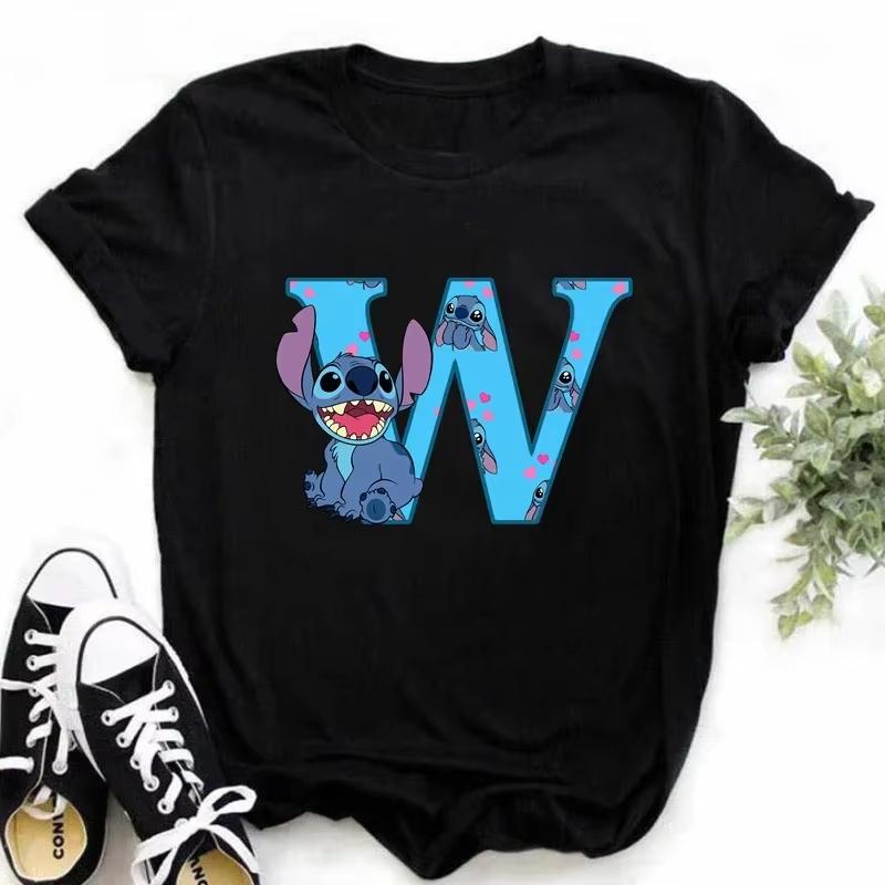 T-shirt pour femme Alphabet A-Z Kawaii Dessin Animé Imprimé Manches Courtes T-shirt Femme Disney Été Décontracté Vêtements Dessin Animé T-shirt