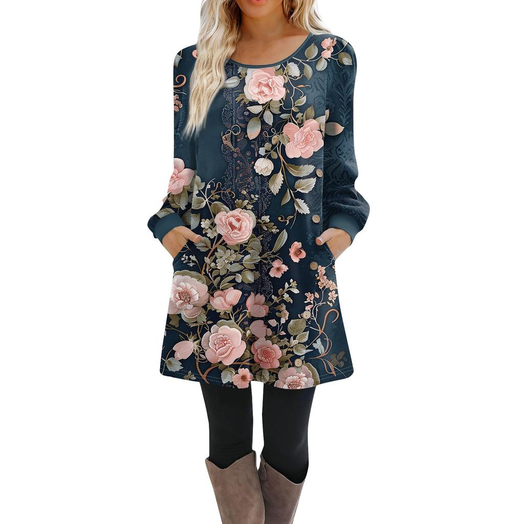 Damen Langarm A-Linien-Kleid Lässiger Pullover Mit Knopf Lockere Passform Kleid Mit Taschen