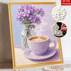 DIY Frameless Pearl Painting Kit Purple Coffee Cup and Floral Vase 3D Shiny Bead Art Canvas Relaxing Craft for Home Wall Decor Gift