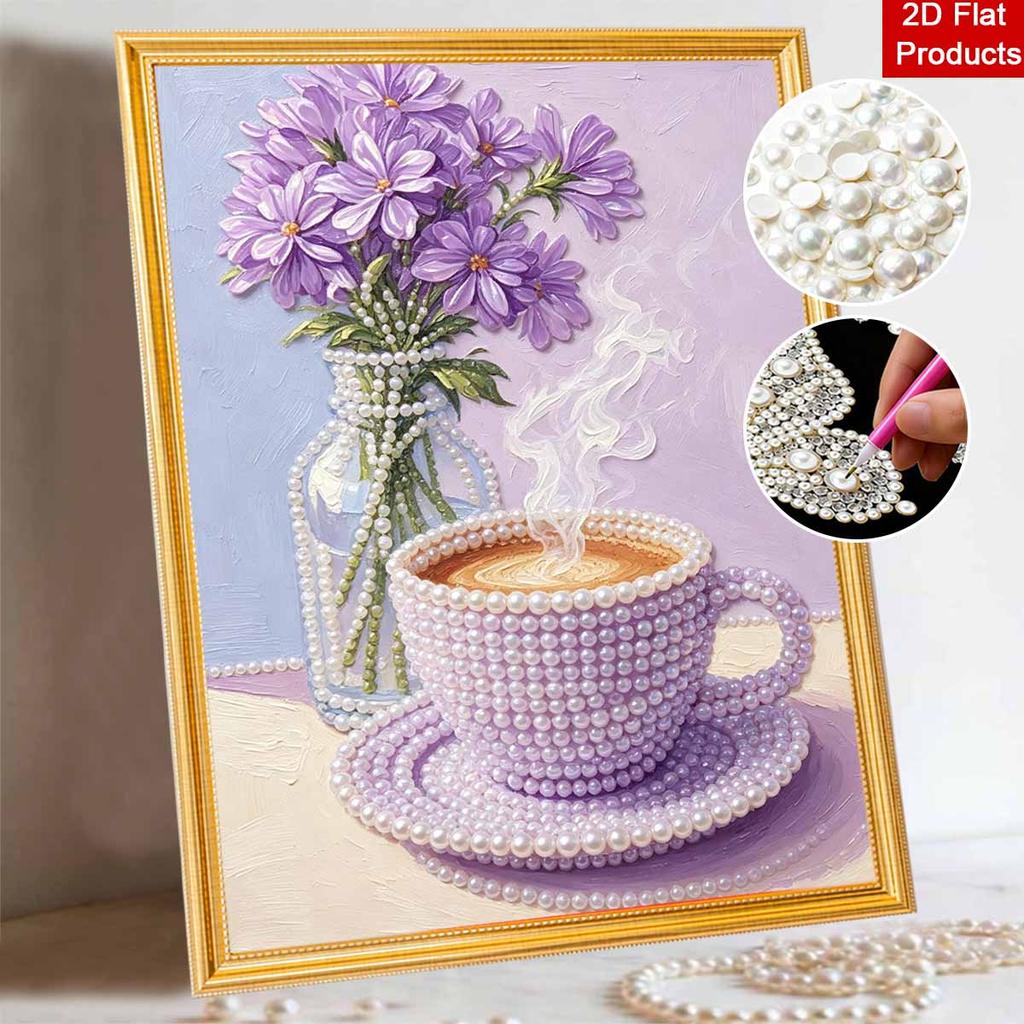 DIY Frameless Pearl Painting Kit Purple Coffee Cup and Floral Vase 3D Shiny Bead Art Canvas Relaxing Craft for Home Wall Decor Gift