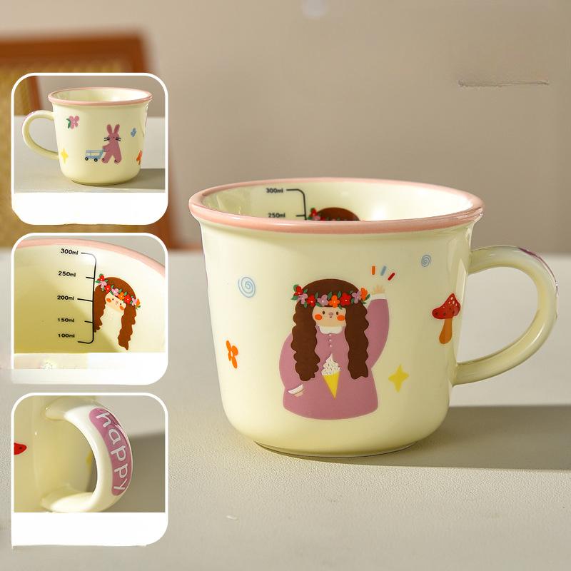Milk Cup with Scale High Value Mug Ceramic No lid Cup for Household Children's Parent Child Water Cup Family Four