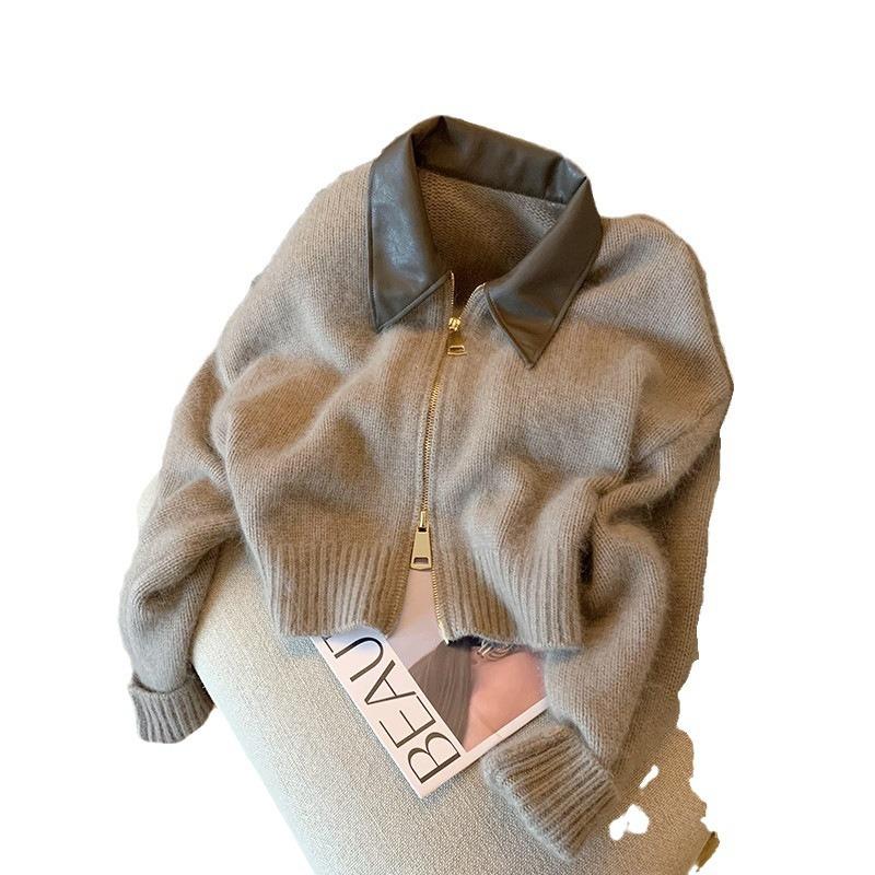 Premium Women's Coat Spring New Polo Neck Zipper Sweater Women's Knitted Cardigan