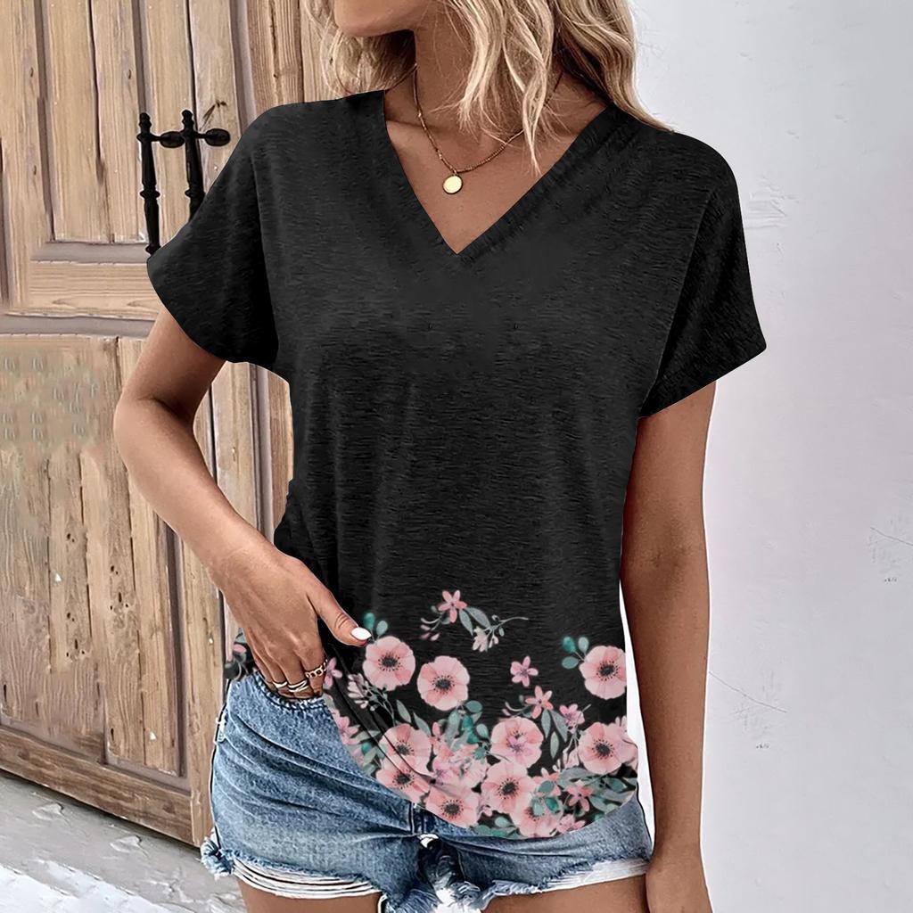 vintage women floral print t shirt short sleeve v neck tops comfortable t-shirts